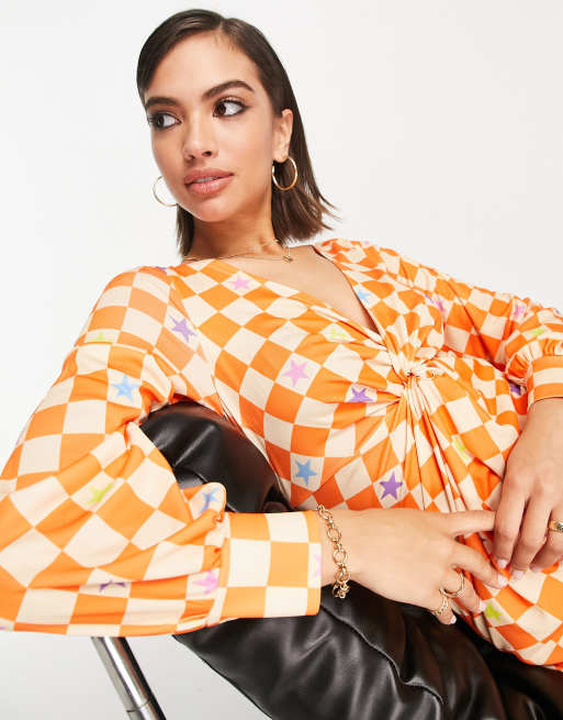 strapless open back dress Casual Orange Plaid Ruched Mini Dress Orange Plaid / Medium