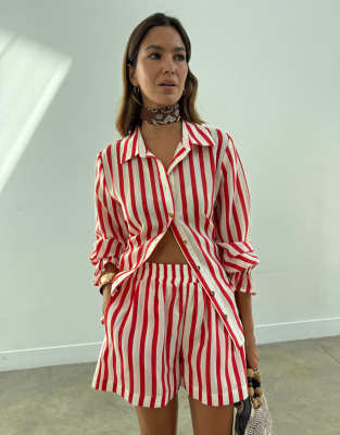 Chemise d'ensemble nouée au dos à rayures - Rouge 34