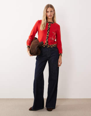 Never Fully Dressed Cherry Embroidered Contrast Cardigan With Leopard Edging In Red
