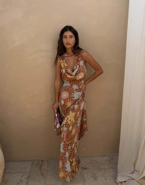 Never Fully Dressed chiffon cowl scarf neck maxi dress in deer star print