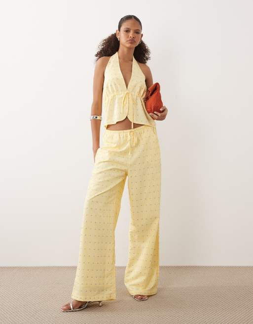 Never Fully Dressed – Citrongul, kritstrecksrandig kostymväst med halterneck, knytning framtill och nitar, del av set, 3 av 4