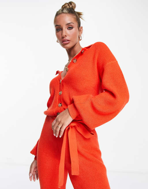 Never Fully Dressed collared tie waist super soft knitted jumpsuit in 70s rust, 2 of 4