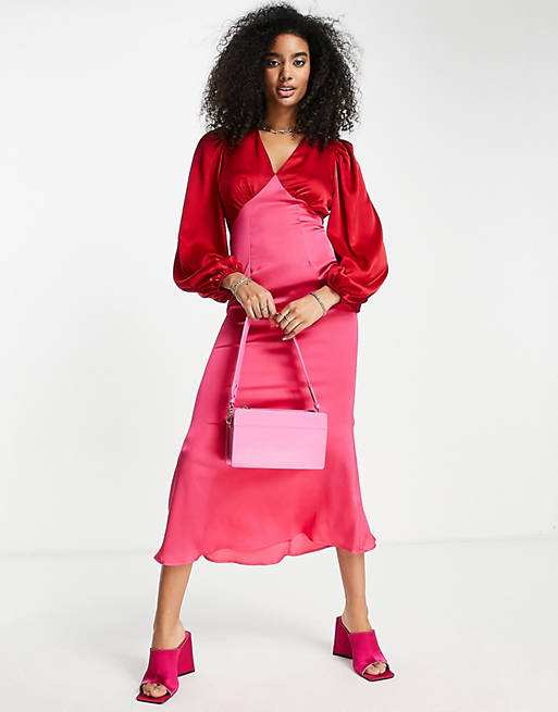Women Never Fully Dressed colour block maxi dress in red and pink 