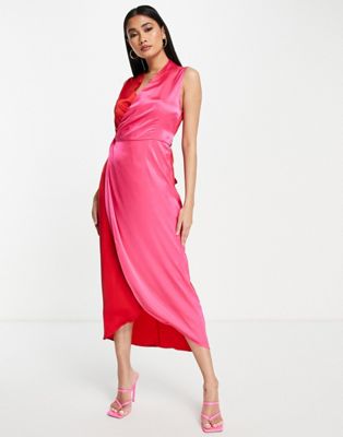 Never Fully Dressed colour block satin wrap midi dress in red and pink