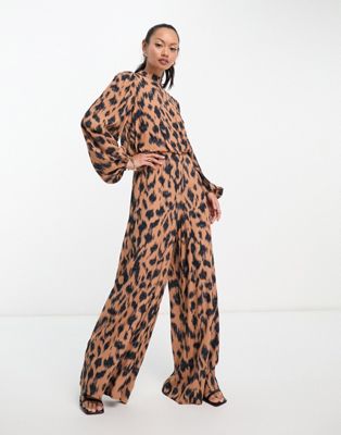Never Fully Dressed wide leg jumpsuit in leopard print - ASOS Price Checker