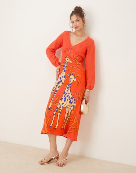 Never Fully Dressed contrast balloon sleeve midaxi dress in orange giraffe print - view 1