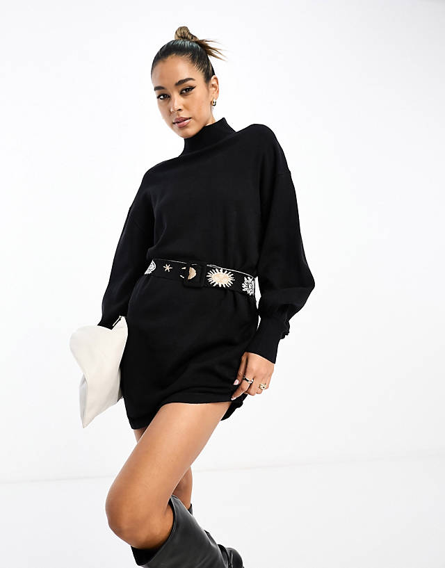 Never Fully Dressed - contrast belt knitted mini dress in black