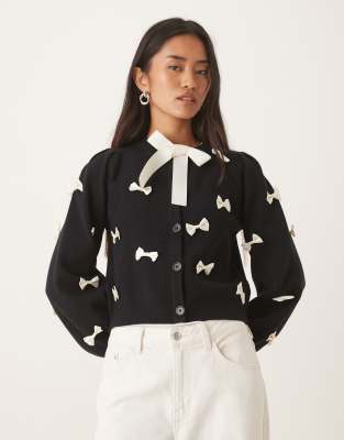 Never Fully Dressed Contrast Bow Knit Cardigan In Black