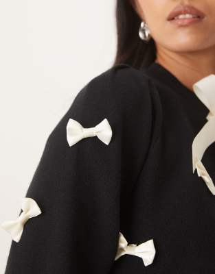 Never Fully Dressed Contrast Bow Knit Cardigan In Black