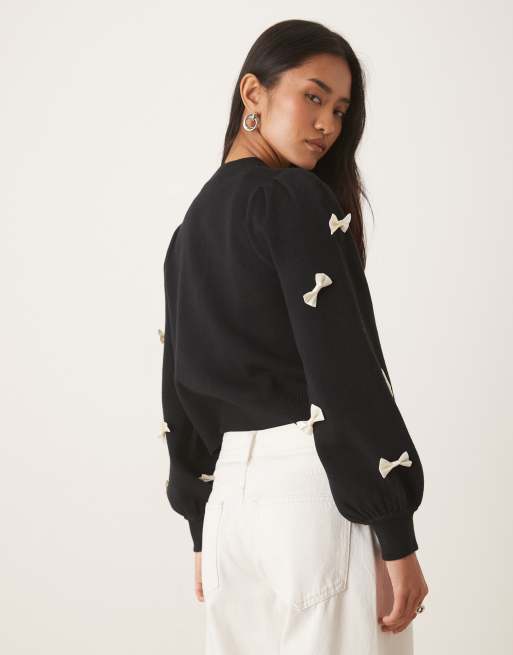 Never Fully Dressed contrast bow knitted cardigan in black, 4 of 4
