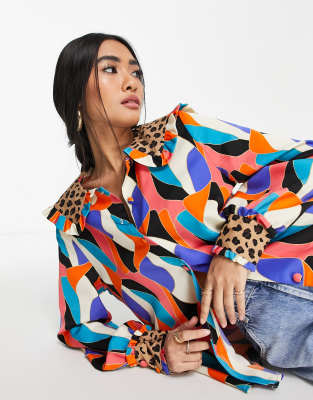 Never Fully Dressed contrast collar blouse co ord in abstract leopard print