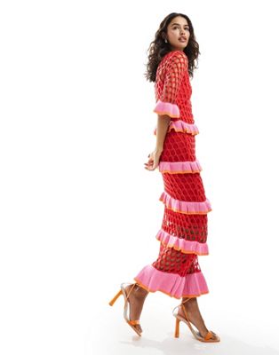 contrast crochet maxi dress in red and pink