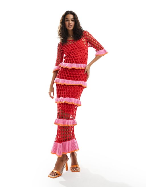 Never Fully Dressed contrast crochet maxi dress in red and pink, 4 of 4