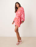 [Never Fully Dressed] Never Fully Dressed contrast cuff animal print mini dress in red and pink 8 Pink/Red