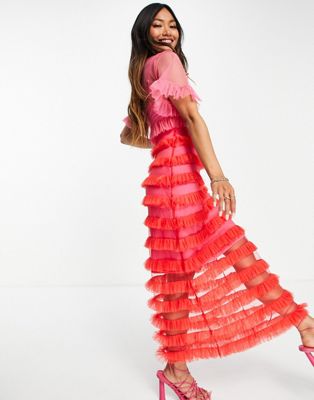 Never Fully Dressed mesh frill midaxi dress in contrast pink and red