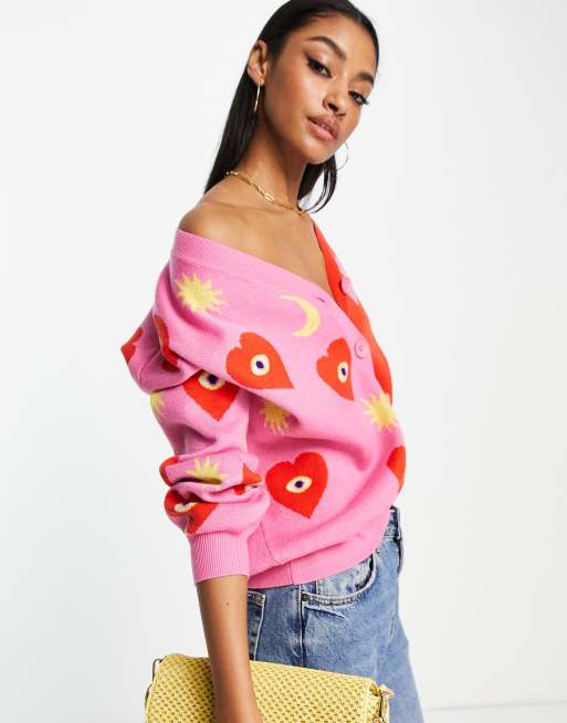 Never Fully Dressed contrast knit cardigan co-ord in pink and red | ASOS