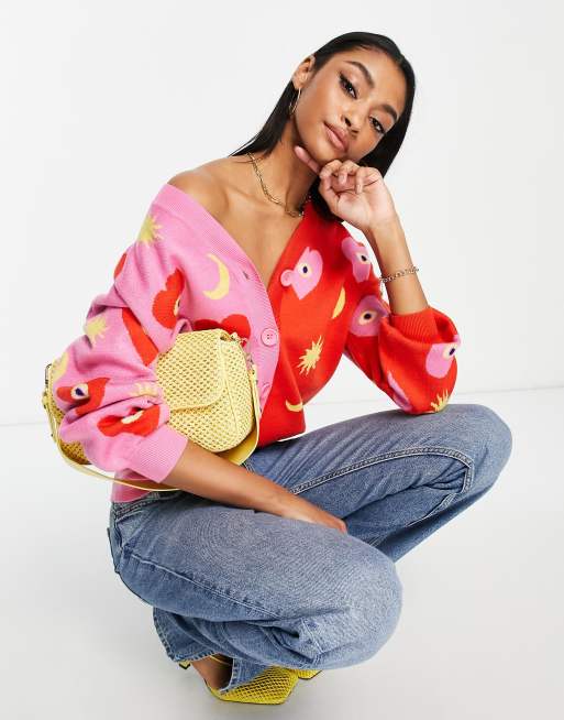 Never Fully Dressed contrast knit cardigan in pink and red - part of a set  | ASOS