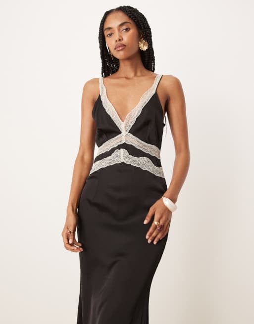 Never Fully Dressed contrast lace insert satin midaxi dress in black | ASOS