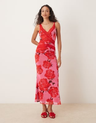 Never Fully Dressed Never Fully Dressed contrast lace slip midaxi dress in rose print-Multi