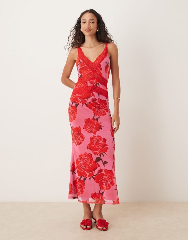 【値下げしました】Lace Trimmed Floral Dress Never Fully Dressed contrast lace slip midaxi dress in rose print