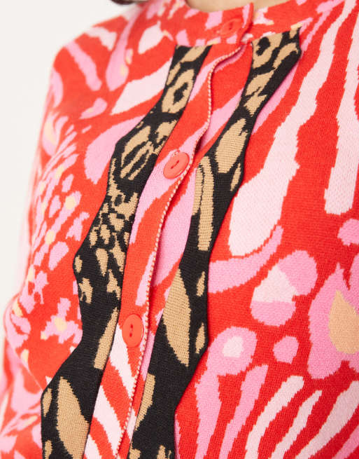 Never Fully Dressed contrast leopard cardigan in pink and red | ASOS