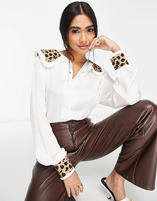  Shirts & Blouses/Never Fully Dressed contrast leopard collar blouse in white 