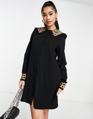Never Fully Dressed contrast leopard collar mini dress in black
