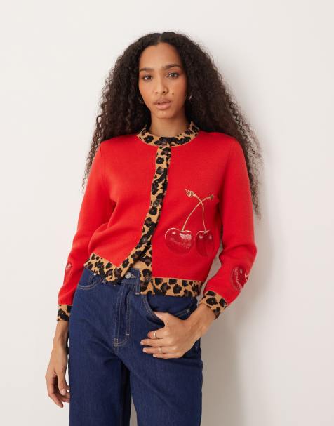 Never Fully Dressed contrast leopard embroidered cheery cardigan in red - view 1