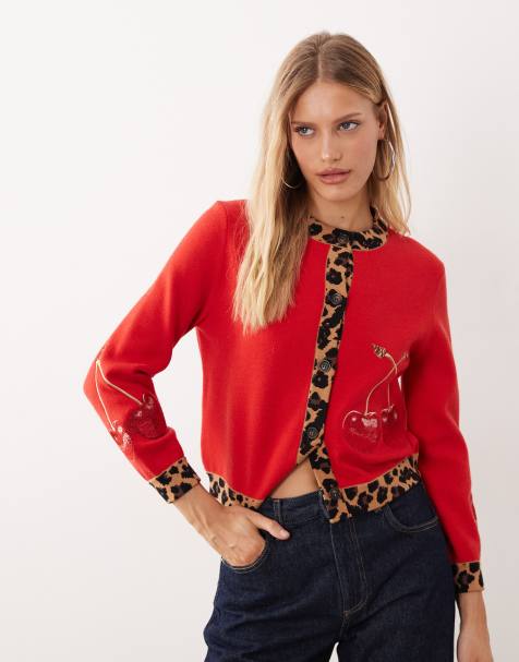 Never Fully Dressed contrast leopard embroidered cherry cardigan in red