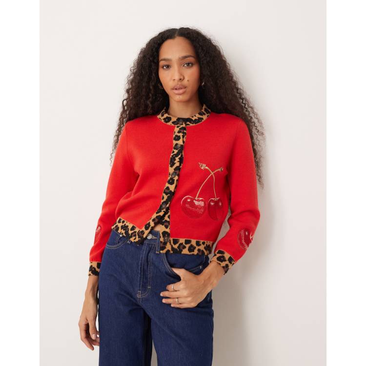 Never Fully Dressed contrast leopard embroidered cheery cardigan