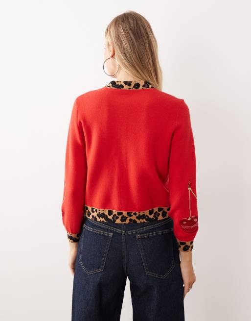 Never Fully Dressed contrast leopard embroidered cherry cardigan in red, 4 of 4