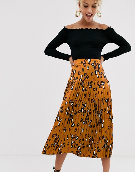 Never Fully Dressed contrast leopard pleated midi skirt in multi | ASOS