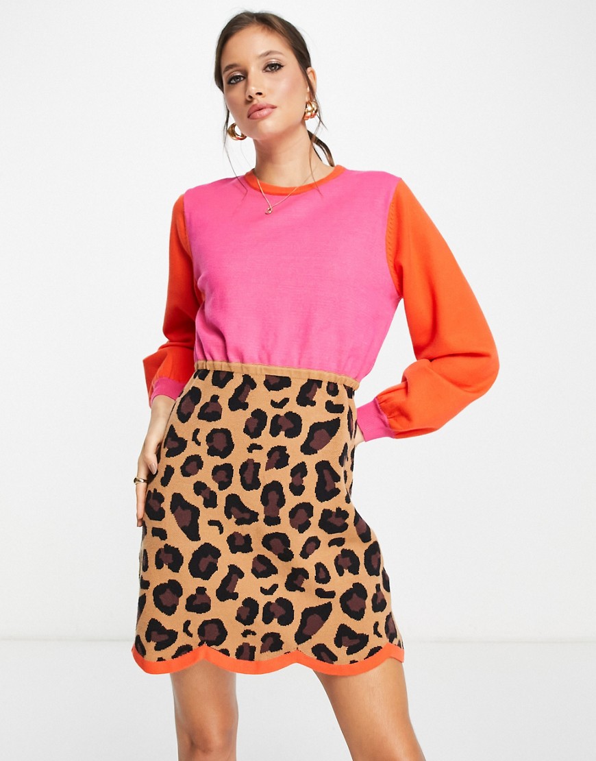 Never Fully Dressed contrast long sleeve mini dress in leopard print-Multi