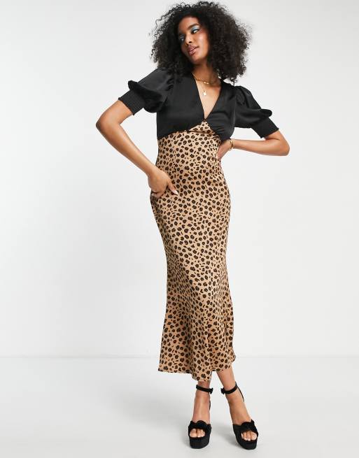 Never Fully Dressed contrast puff sleeve maxi dress in black leopard print