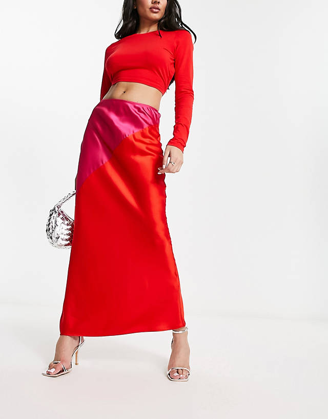 Never Fully Dressed - contrast satin midi skirt in pink and red