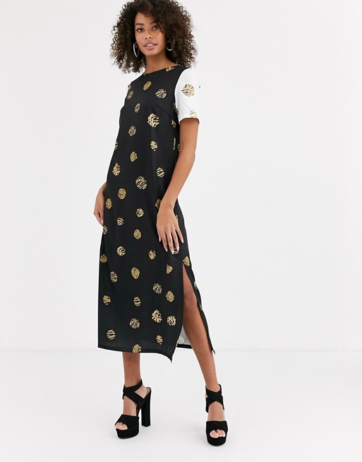 Never Fully Dressed contrast sleeve midi dress in multi leopard print