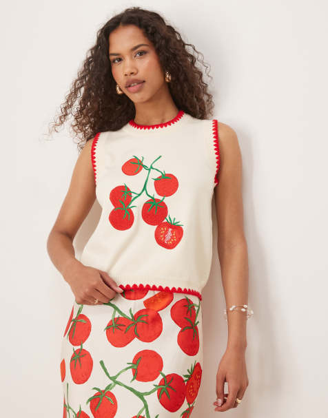 Never Fully Dressed contrast stitch tomato knit vest top in white - view 1