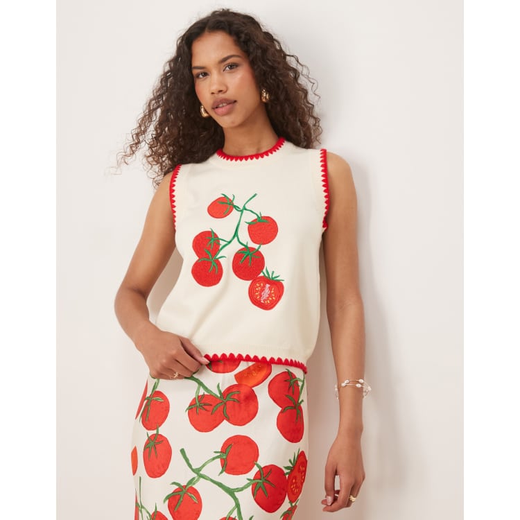 Never Fully Dressed contrast stitch tomato knit vest top in white