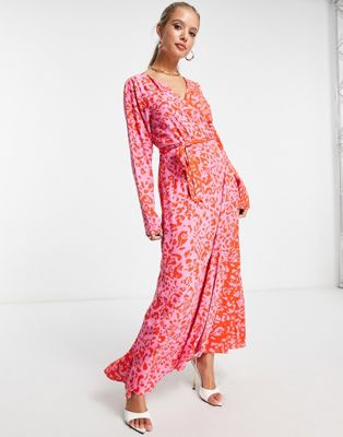 Never Fully Dressed contrast wrap maxi dress in red leopard clash - ASOS Price Checker