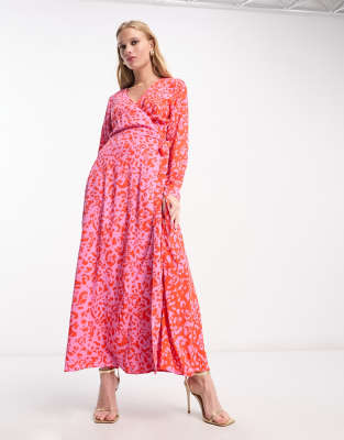 Never Fully Dressed contrast wrap maxi dress in red leopard clash-Multi