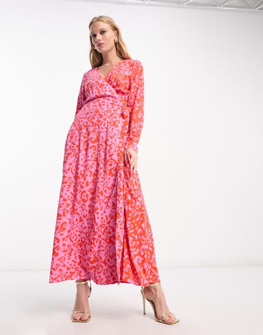 Never Fully Dressed contrast wrap maxi dress in red leopard clash | ASOS