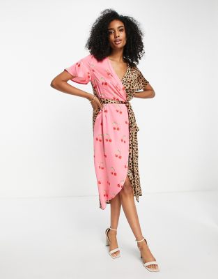 Pink leopard cheap print wrap dress