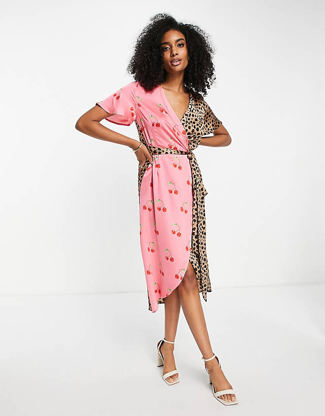 Never Fully Dressed - contrast wrap midi dress in cherry leopard print
