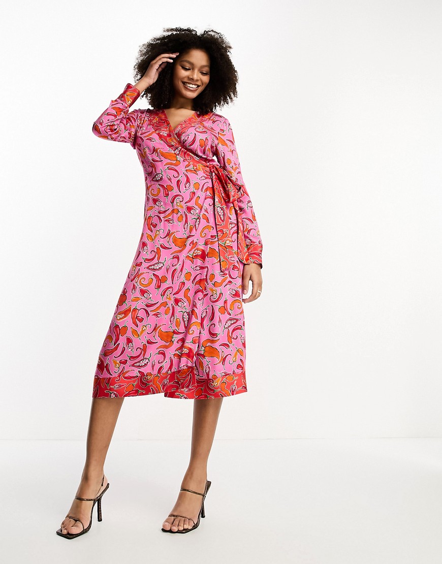 Never Fully Dressed contrast wrap midi dress in pink and red chilli print