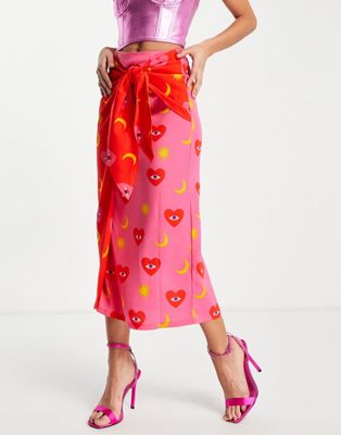 Never Fully Dressed contrast wrap midi skirt co-ord in pink and red