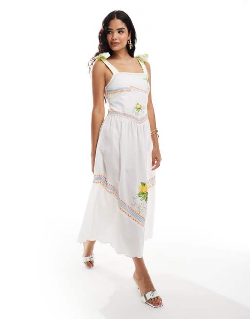 Never Fully Dressed – Corfu – Besticktes Midaxikleid in Weiß mit Bindeträgern