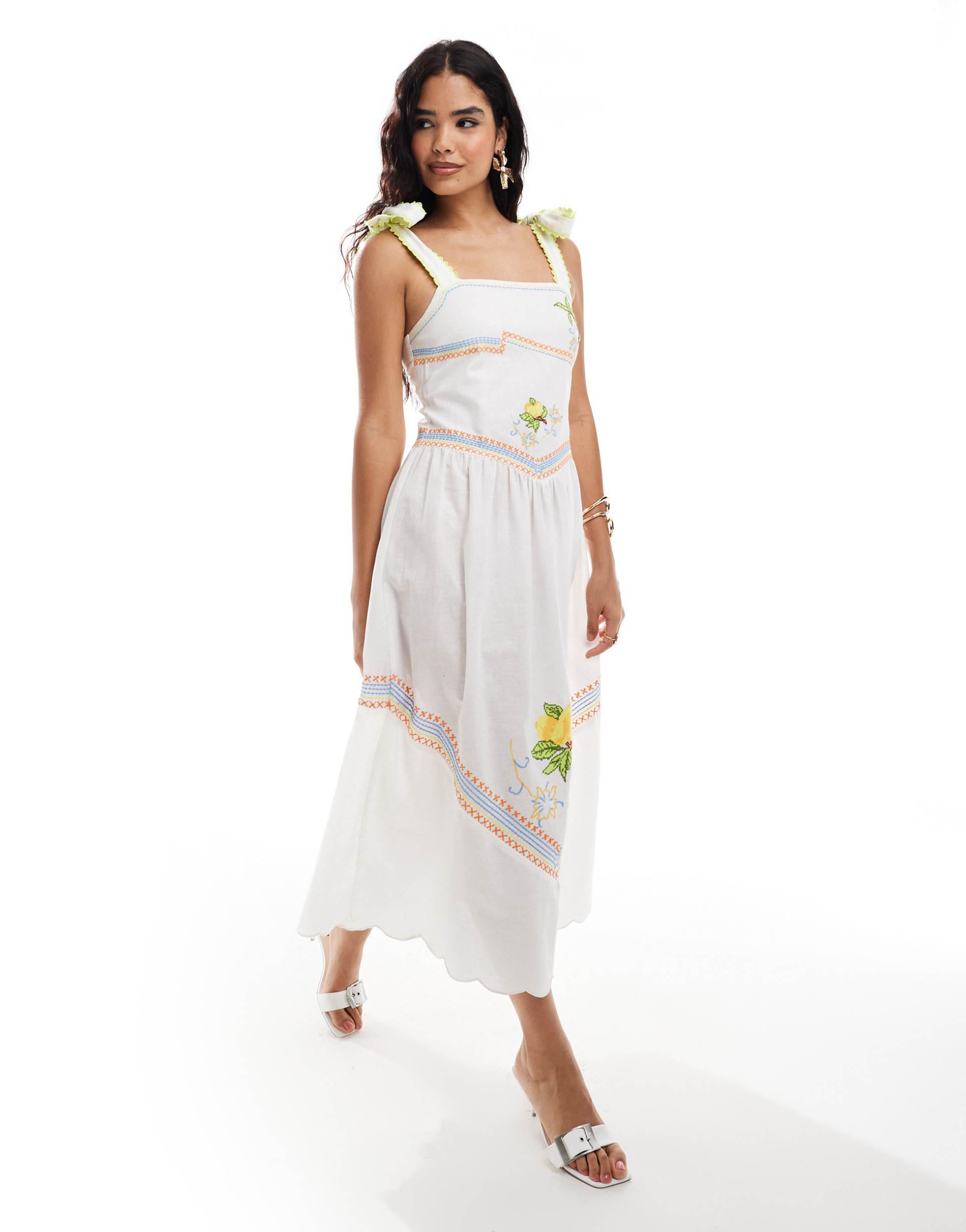 never fully dressed corfu bow shoulder embroidered midaxi dress in white