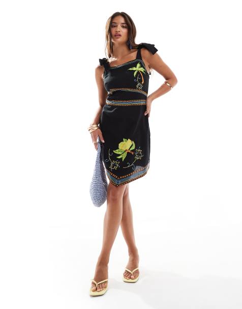 Never Fully Dressed Corfu bow shoulder embroidered mini dress in black - view 1