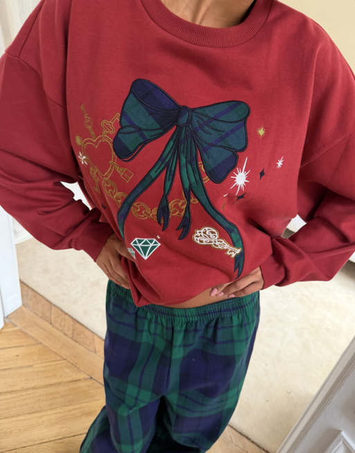 Never Fully Dressed cotton crew neck pyjama top and bottoms in tartan print, 4 of 4