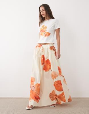 Never Fully Dressed full midi skirt with blurred floral in white multi